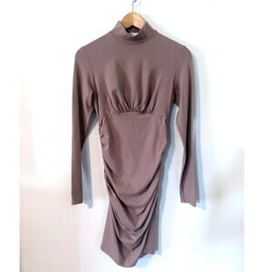 SUSANA MONACO nude tan coco mock neck long sleeve ruched short cocktail dress